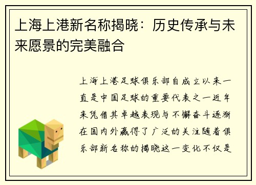 上海上港新名称揭晓：历史传承与未来愿景的完美融合